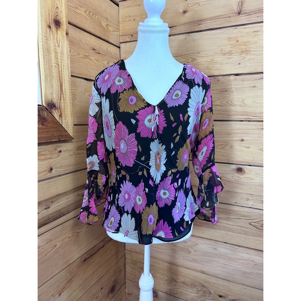 Silkland Silk‎ Women Floral Sheer V-Neck Blouse Boho Chic Ruffle Bell Sleeve Top